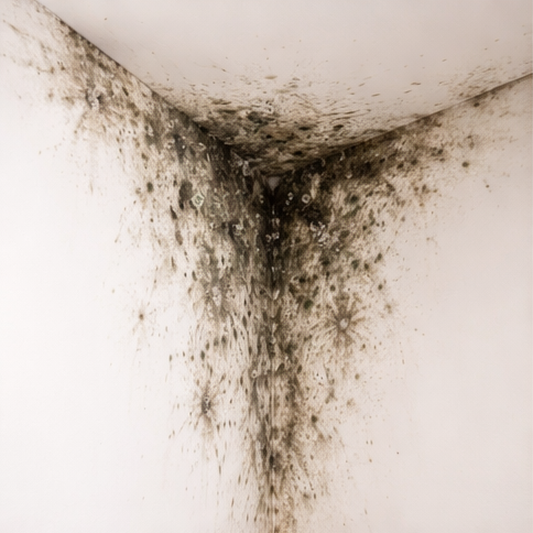 Dark spots on walls and ceiling requiring mold remediation.