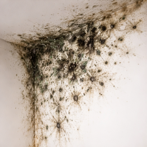 Dark spots on walls and ceiling requiring mold remediation.