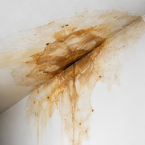 Water stains on a wall and ceiling requiring mold remediation.