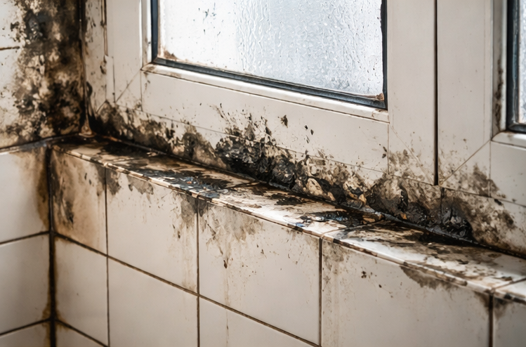 Dark patches on walls and window requiring black mold removal.