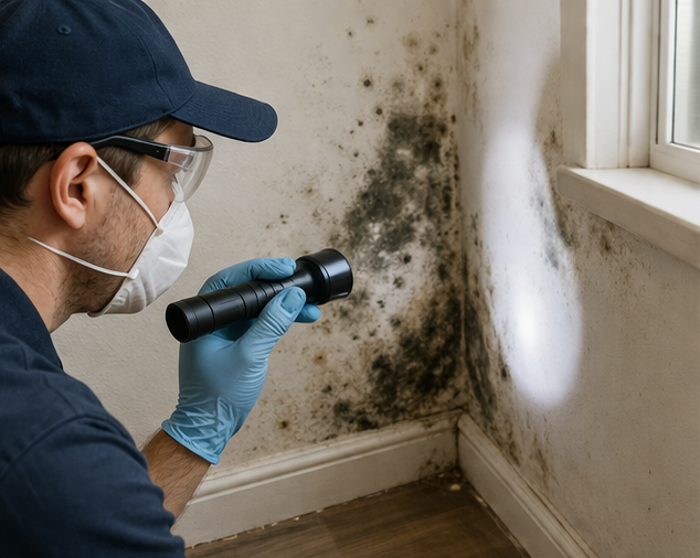 Visual examination of affected areas during a mold inspection.